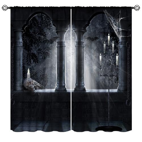 JanJCurt Gothic Blackout Curtains, Vintage Castle Skull Candlesticks Halloween Retro