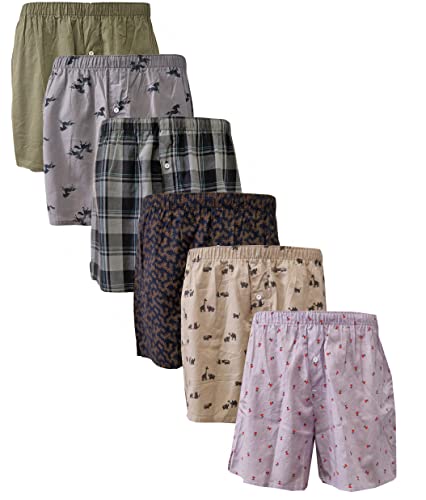 Panzy 6 Woven Boxer Shorts for Men,Loose Comfort Fit Boxers, Cottonblend, Elastic Waistband, Soft & Breathable Underwear, Button Fly (UK, Alpha, M, Regular, Regular, 100% Cotton Assorted Colours)