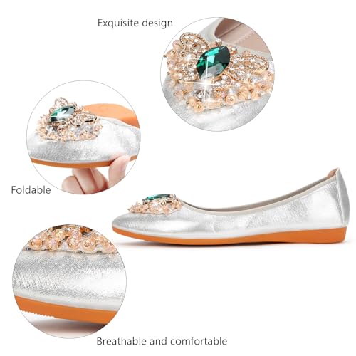 Image of KUNWFNIX Women Ballet Flats Rhinestone Wedding Ballerina Shoes Foldable Sparkly Comfort Slip on Flat Shoes