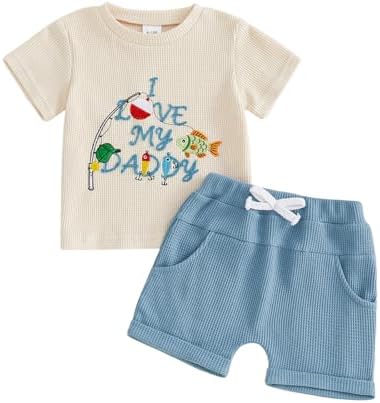 Dobeiokal Baby Boy Summer Clothes Fathers Day Outfit Letters Fish Print Short Sleeve T-Shirt Top Waffled Shorts Set Cute Daddys Boy Baby Clothes(F-Beige,6-12 Months)