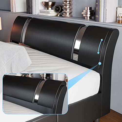 Keyluv Modern Faux Leather Upholstered Platform Bed Frame With Metal Decoration Headboard, Wooden Slats Support, No Box Spring Needed, Queen Size, Black #TOP3