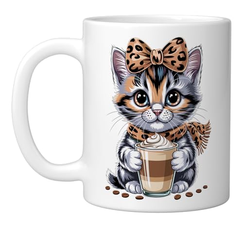 Cute Leopard Bow Kitten Holding Coffee Cup Ceramic Mug - 11oz Cat Lover Latte Art Mug for Coffee, Tea, Hot Cocoa, Microwave & Dishwasher Safe, White