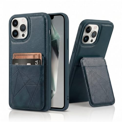 Image of amazon basics Premium Vegan Leather Back Cover with Card Holder and Integrated Mobile Stand for iPhone 16 Pro Max - Slim Shockproof Wallet Case with Geometric Stitching [Blue]