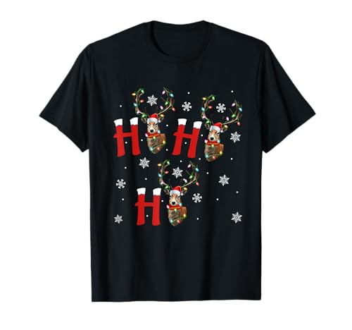 Image of Reindeer Ho Ho Ho Christmas Lights Santa Xmas Adult and Kids T-Shirt
