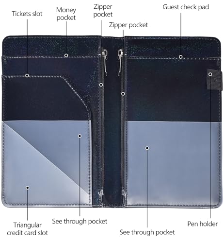 Server Books for Waitress - Glitter Leather Waiter Book Server Wallet with Zipper Pocket, Cute Waitress Book&Waitstaff Organizer with Money Pocket Fit Server Apron (Glitter Black) by HerriaT - Used condition - Image 4