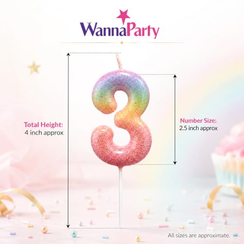 Image of Wanna Party Glitter Colorful 3rd Birthday Candle, Number 3 Cake Candle Cake Toppers for Girl Women, Glitter Colorful Themed Party Decorations Supplies Birthday Gifts