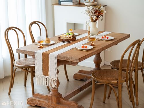 Image of FEXIA Boho Table Runner with Tassels 72 Inches Long for Summer Home Decor Farmhouse Rustic Macrame Burlap Table Decoration for Living Room Dining Room, Reddish Brown(12x72 Inches)