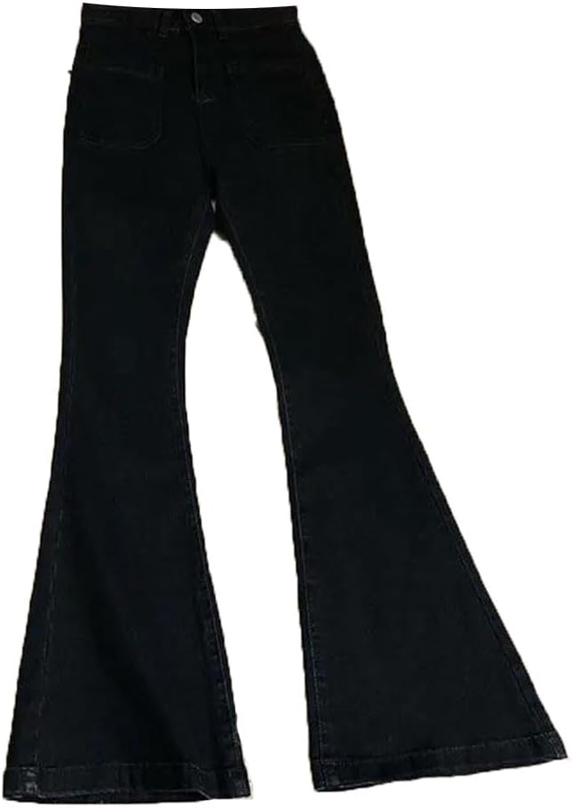 Women's High Waist Washed Denim Flare Jeans, Slim Fit Pocket Vintage Stretch Straight Casual Pants