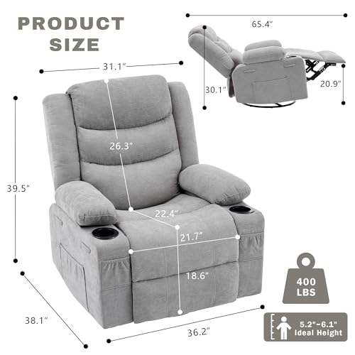 Image of Swivel Rocker Recliner Chair, Manual Recliner Single Sofa with Cup Holders and Side Pocket, Chenille Fabric, Upholstered Nursery Rocking Chair for Living Room, Bedroom, Grey