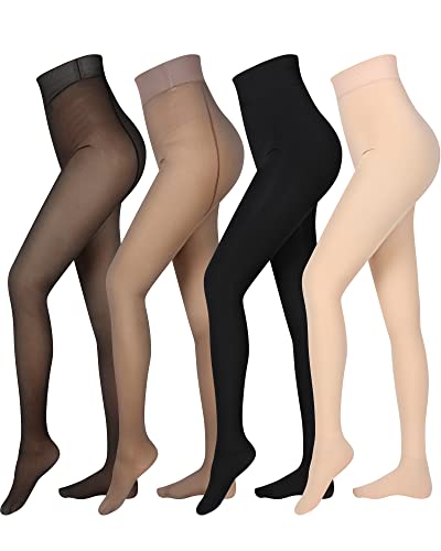Foaincore 4 Pairs Fleece Lined Tights Women Fleece Lined Leggings Translucent Winter Sheer Tights Warm Pantyhose for Women
