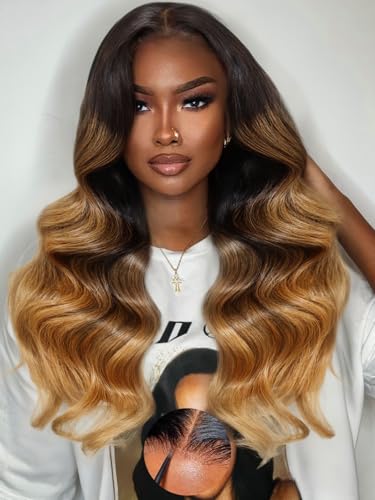 Image of KLAIYI Ombre Highlight Blonde Loose Wave Pre Everything Glueless 13x4 Lace Front Wigs Human Hair Drawstring Balayage Brown Pre Cut Pre Plucked Bleached Ready to Wear and Go Wig with Dark Roots 26Inch