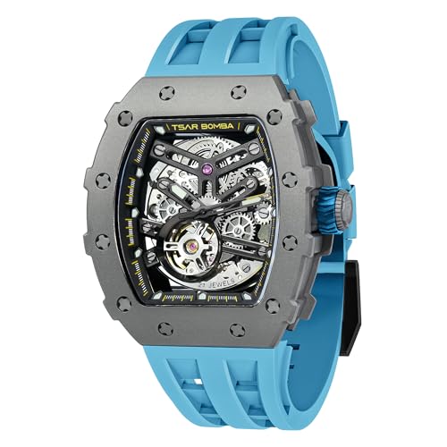 Image of TSAR BOMBA Men's Automatic Watch Tonneau Luxury Skeleton Watches for Men Mechanical 50M Waterproof Analogue Watches Mens Unique Cool Square Big Face Dial Wristwatch with Silicone Strap Band