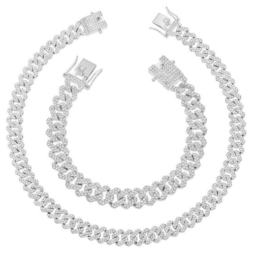 HH BLING EMPIRE 14k Gold/Silver Cuban Link Chain for Women Iced Out Diamond Chunky Cuban Link Necklace Chain Bracelet 2pcs Sets