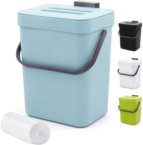 1.3 Gallon Small Trash Can with Lid - Countertop Food Waste Bin, Kitchen Hanging Trash Can for Cabinet Door/Under Sink, Small Garbage Can for Desk, 5L(Subtle Blue)