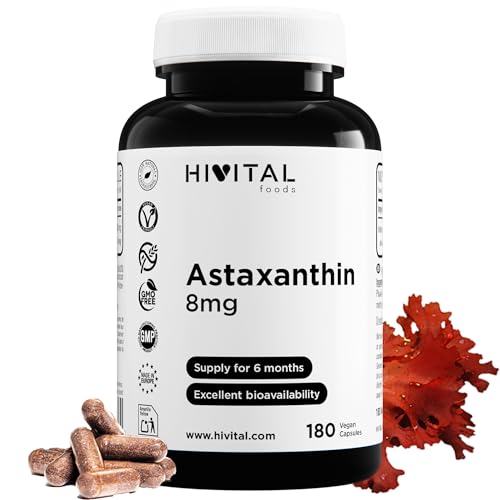 Astaxantina pura 8 mg. 180 cápsulas veganas para 6 meses de tratamiento. Procedente de 160 mg de Alga Natural Haematococcus Pluvialis al 5% en Astaxanthin. Fabricado en España por HIVITAL