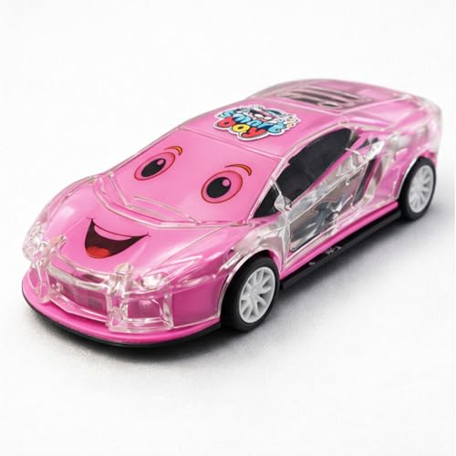 Image of Smiley Face Design Friction Powered Cartoon Car for Kids, Toddlers, Boys and Girls, Flashing Light and Music, Push n go No Battery Required, Gift for Birthday, Festivals Holidays 1003 Pink