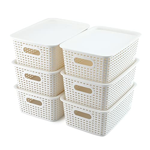 Image of AREYZIN Plastic Storage Baskets With Lid Organizing Container Lidded Knit Storage Organizer Bins for Shelves Drawers Desktop Closet Playroom Classroom Office, White, 6 Pack