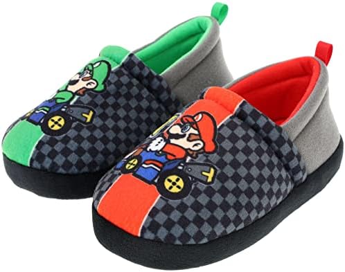 Super Mario Boys Slippers, Mario Kart Mismatched A-Line, Black, Size 10/11