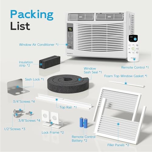 Image of PhiloDeco Window Air Conditioner, 6000 BTU, White, LED Display, Remote Control, Dehumidifier, Fan, Quiet Operation, Energy-Saving, Covers 250 Sq Ft