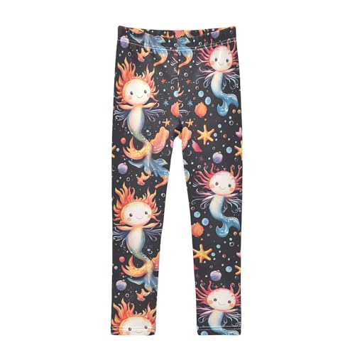 Cartoon Axolotl Girls Leggings Ultra Soft Compression Yoga Gym Pants for Kids 4-10T