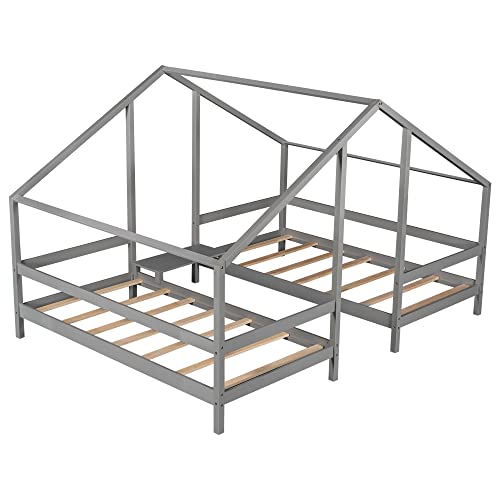 Double Twin Size Platform Beds With Built-In Table,Wood House Twin Beds Frames With Canopy Triangular Roof For Kids Teens Adults,Wood Slats Support/No Box Spring Needed,Gray #TOP4