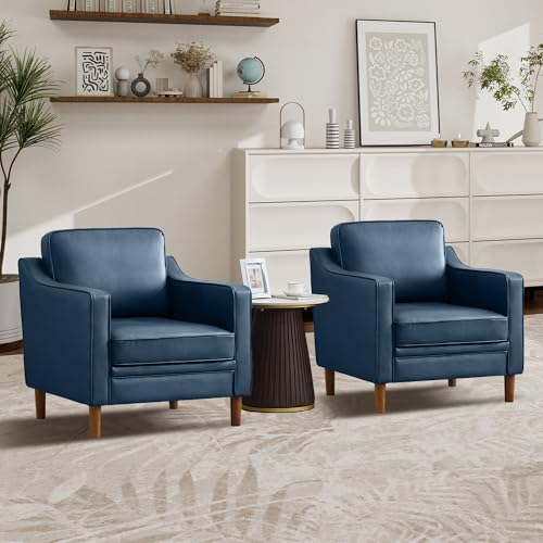 Image of Kingfun Accent Chair Set of 2, Living Room Chairs, Faux Leather Reading Armchair, Mid Century with Solid Wood Foot, Upholstered Modern Decor for Bedroom, Apartment