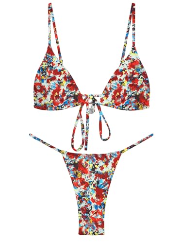 Image of OWICA Women's Sexy Triangle Bikini Sets Cheeky Thong Swimsuit Adjustable Spaghetti Straps Bathing Suit