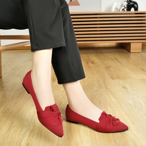 Image of HIULYCENCE Flats for Womens Pointed Toe Ballet Flats with Bow Comfortable Knit Dressy Flats