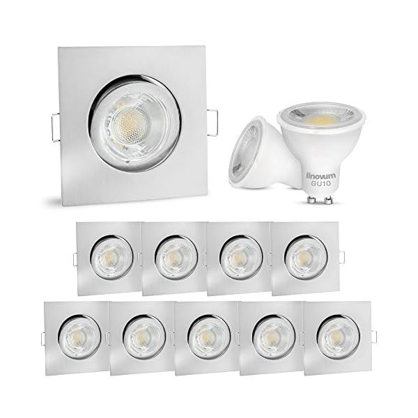 linovum® 10er Set LED Einbaustrahler GU10 eckig & schwenkbar - Einbauleuchte Edelstahl Optik inkl. LED GU10 3W…