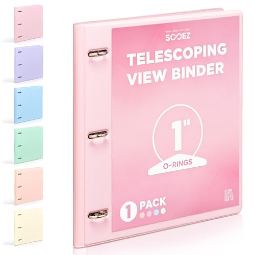Sooez Telescoping 3 Ring Binder 1 Inch Portable 1 Three Ring Binder with Expandable Spine Holds 175 Sheets of 8.5x11 Paper Clear View Cover with Inner Pocket Space Saving for School&Office Pink