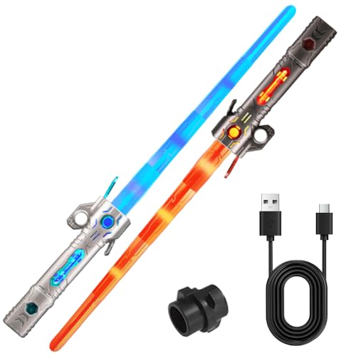 Afenau Laserschwert Kinder, 2 Pcs Retractable Wiederaufladbare Lichtschwert mit 15 Farben und Soundeffekten, 2 In 1 Laserschwerter für Kinder, Lichtschwerter Set für Party, Geschenk, Cosplay