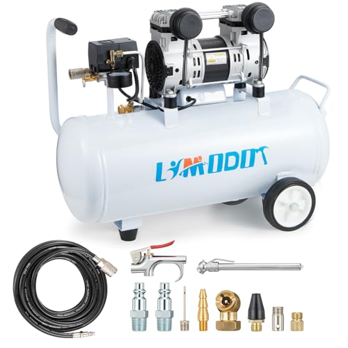Quiet Air Compressor, Only 68dB, 8 Gallon Steel Tank, 2.8CFM @ 90PSI, Oil-Free, Electric Air Compressor Perfect for Woodwork Nailing, Garage, Car, Pneumatic Tool, Includes 11 Accessories