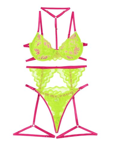 Image of Lilosy Petite Sexy Choker Floral Lace Scallop Sheer Underwire Push Up Garter Belt Lingerie Set 3 Piece for Women See Through Bachelorette Bra and Panty Neon Green Hot Pink X-Small