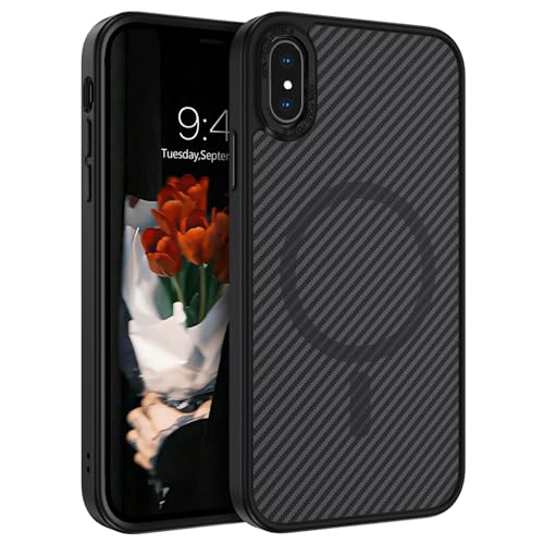 DUEDUE Magnetische Hülle für iPhone X mit Carbonfaser Textur Design [Kompatibel mit Magsafe] iPhone XS Matte Rückseite Kratzfest Schlanke Stoßfeste Handyhülle für iPhone X/XS Pro Max 5,8 Zoll, Schwarz