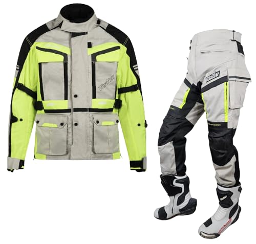WinNet Tuta Completo Moto Cordura Giacca Pantalone Protezioni Omologate C.E. impermeabile anti acqua pioggia freddo 4 stagioni sfoderabile primavera estate (Fluo, XL)