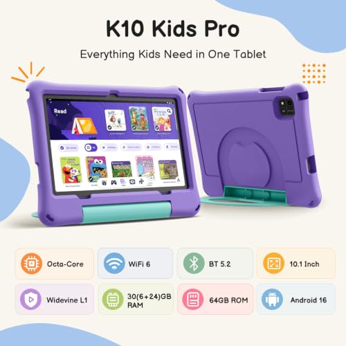 Image of Kids Tablet 10 inch, Android 16 Tablet for Kids with Case, Lavender