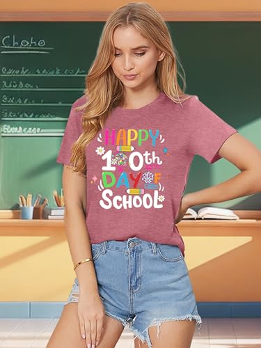 YI XIANG RAN 100 Days of School Shirt Women: Happy 100th Day of School Tshirt Short Sleeve Teacher T-Shirt Graphic Tees(Pink, XX-Large) — view 3