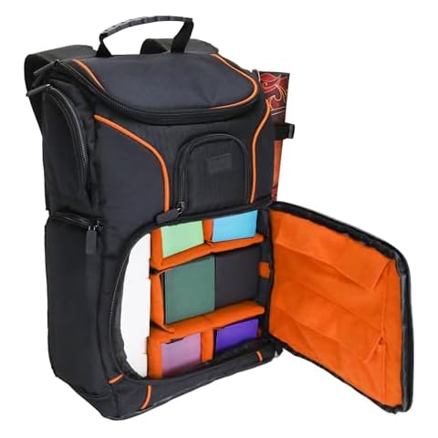 USA Gear MTG Backpack Compatible with Magic the Gathering Deck, Yu-Gi-Oh, MTG Decks & more - TCG Backpack MTG Bag with Shoulder Straps, Customizable Dividers, TCG Playmat Holder, Binder Space (Orange) Cover