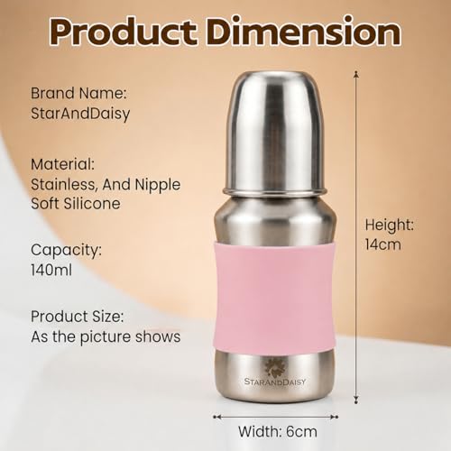 Image of StarAndDaisy Baby Milk Bottle for new Born /Infant /Toddler 140 ML SUS 304 Steel Baby Feeding Bottle for 0+ Months, BPA Free Leakproof, Anti Colic, Easy to Clean -Pink