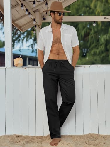 Runcati Mens Cotton Pants Elastic Waist Drawstring Casual Beach Linen Pants Lightweight Loose Fit Yoga Trousers Black4