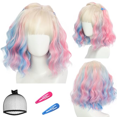 ANOGOL Hair Cap+ (2 Hairclips) Blonde Wig with Pink Blue
