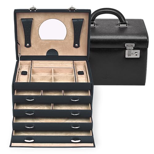 Windrose Schmuckoffer Beluga/schwarz (Leder) - Hochwertige Handarbeit - Breite 26,5 cm - Leder