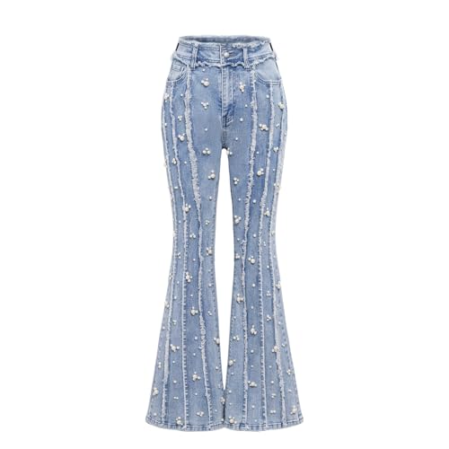 Womens Bell Bottom Jeans Pearl Wide Leg 2025 Casual Light Blue Pearl Jeans for Women