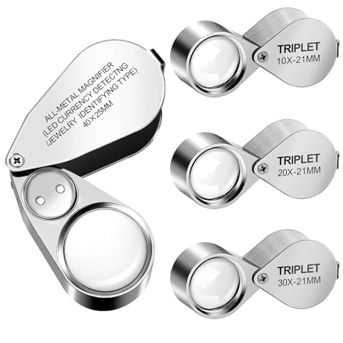EEEKit Lupa con Luz, 4 Lupas de Metal con Aumentos 10X 20X 30X 40X de Bolsillo Plegable con Luz UV para Trabajo Preciso, Joyería y Evaluación de Joyas