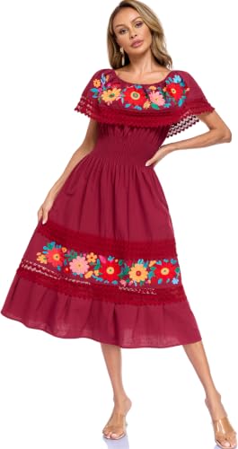 Image of YZXDORWJ Women Embroidered Mexican Peasant Casual Sexy Lace Off-Shoulder Long Dress