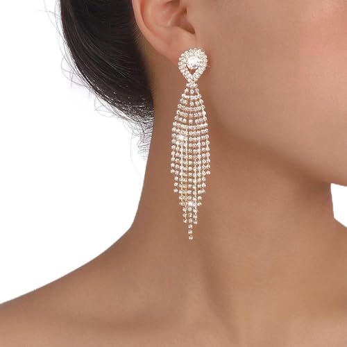 Denifery Gold Teardrop Crystal Dangle Earrings, Long Tassels, Sparkling Rhinestone Ladies Gifts, Bridal Wedding Jewelry
