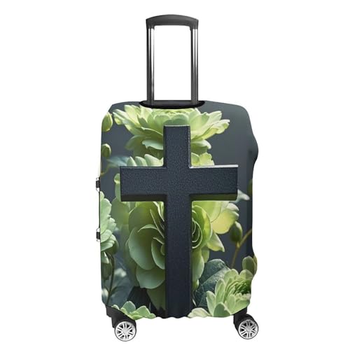 Black Cross Among Green Flowers Printed Luggage Cover Protector, Fits 18-32 Inch Luggage4