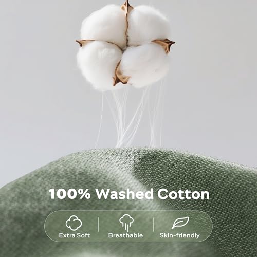 Image of JELLYMONI Cotton Duvet Cover Twin Size - Sage Green Comforter Cover with Button 100% Washed Cotton 2PCS Breathable Soft Solid Bedding Set Duvet Cover 68x90in & 1 Pillowcases (NO Comforter)