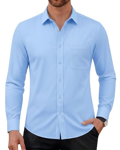 Alimens & Gentle Hemd Herren Langarm Bügelfrei Büro Herrenhemd Sportlich Elastisch Freizeithemd Passform Anzug Hemden mit Brusttasche Hellblau M