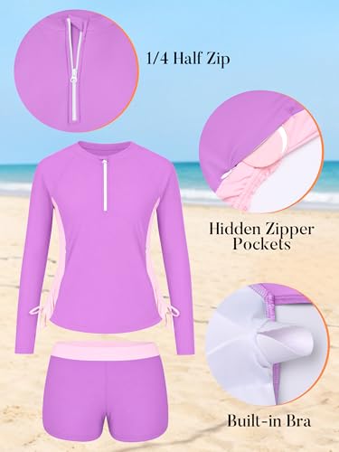 Image of Girls Rash Guard Swimsuit Long Sleeve Swim Shirt with Pockets UPF 50+ 7-16Y | Two Piece Set with Boy Shorts,Swimsuit Top with Side Zip Pockets,Quick-Qrying,Half-Zip & Drawstrings Design,Color Block